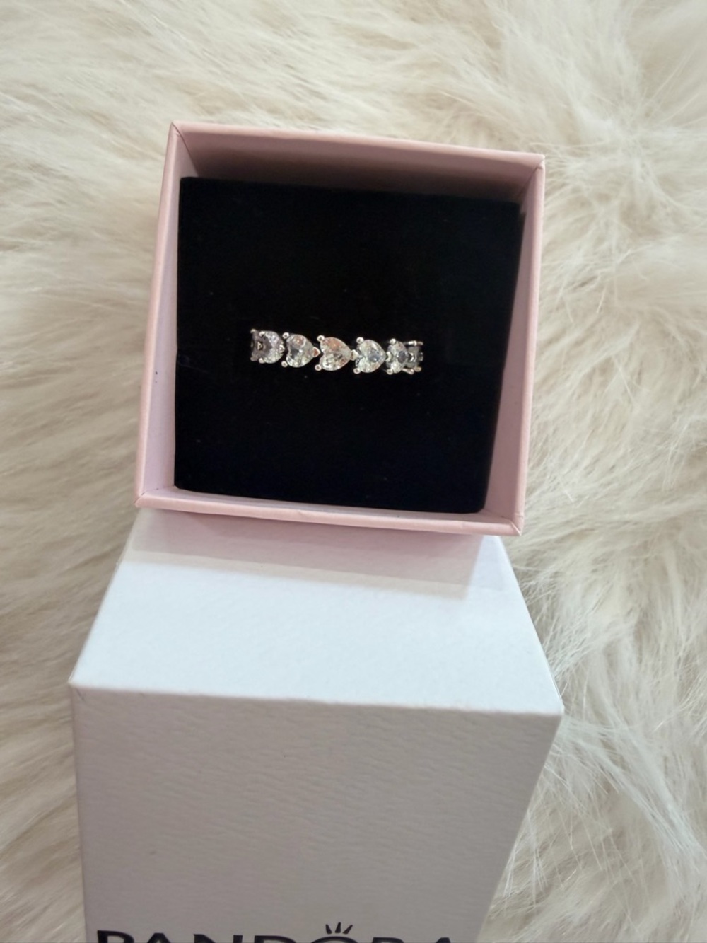 Pandora Silver Heart Row Ring with Clear Stones